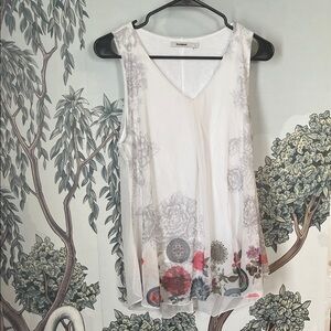 Vintage Desigual White Floral Tank Top, medium